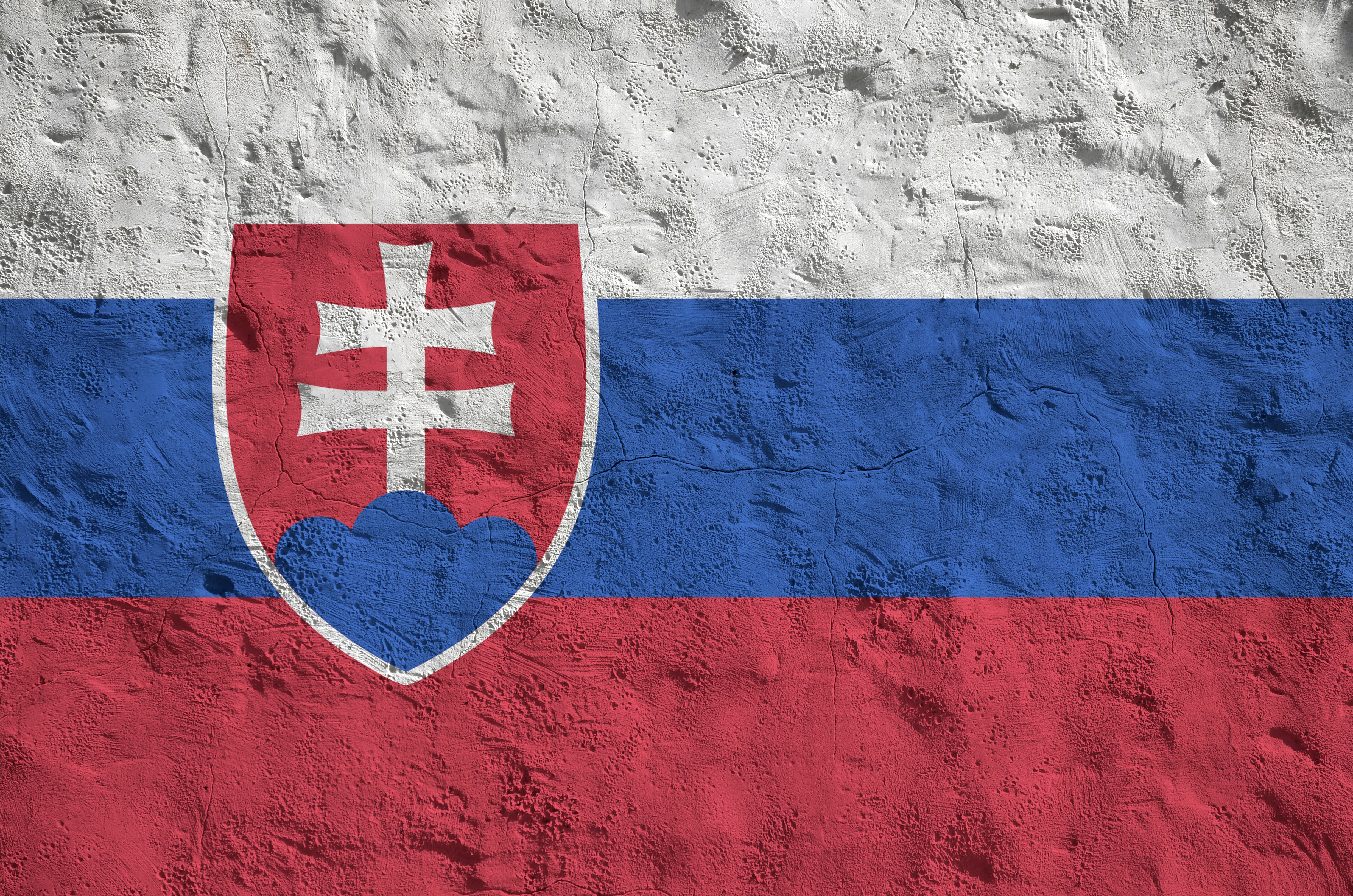 Slovakia flag depicted in bright paint colors on old relief plastering wall close up